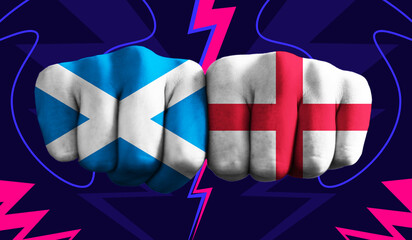 Scotland VS England T20 Cricket World Cup 2024 concept match template banner vector illustration design. Flags painted on hand with colorful background