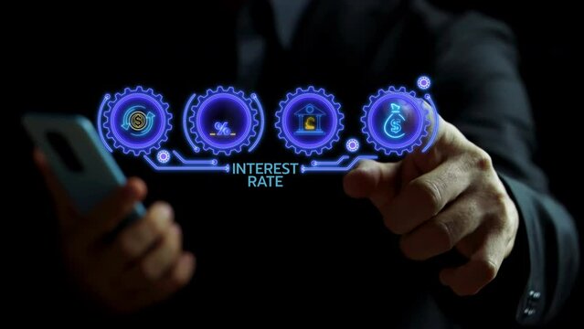 Interest rate financial and mortgage rates concept. Calculate variable interest rates according to benchmarks. Businessman showing interest rates icon inside digital HUD futuristic on virtual screen.