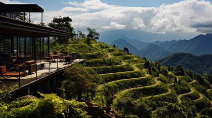 As A Tropical Mountain Coffee Farm With A Long 2 Story Home Along The Mountaintop Ridge Landscape Background