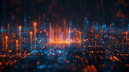 Futuristic cityscape with data streams and digital network elements