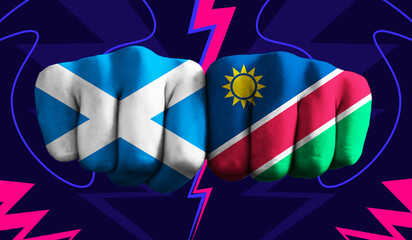 Scotland VS  Namibia T20 Cricket World Cup 2024 concept match template banner vector illustration design. Flags painted on hand with colorful background