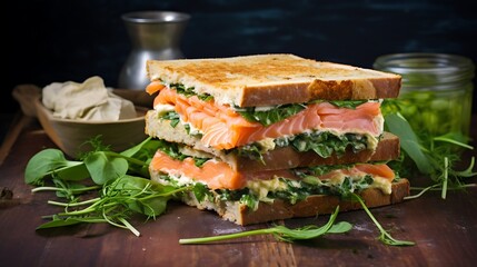 Salmon salted sandwich with spinach and cream cheese