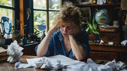 Frustrated young writer struggling with writer's block at cluttered desk surrounded by crumpled paper.
