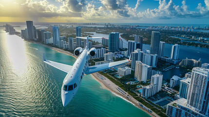 Naklejka premium Aerial view of white private jet flying over Miami