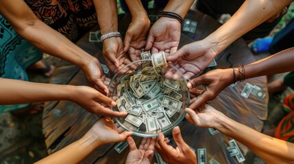 A group of diverse people putting their hands together over a bowl filled with money. AIG535 - Powered by Adobe