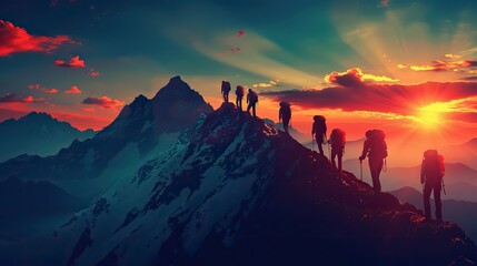Naklejka premium A drawing of a group of people climbing a mountain, helping each other, symbolizing the journey towards success through teamwork. image