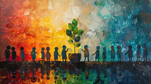 A painting of a diverse group of people watering a plant together, symbolizing collective nurturing for growth. stock image