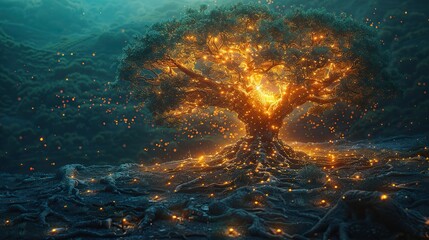 Obraz premium A digital image of a tree with branches held up by many hands, symbolizing support and growth. image