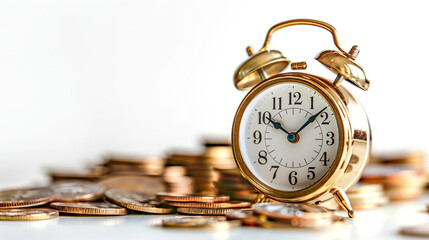 Vintage golden alarm clock surrounded by coins on a white background. Concept of time management...