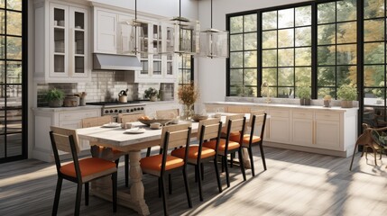 Fototapeta premium Modern farmhouse kitchen interior with light wood floors white granite marble counters large dining table with eight chairs stainless appliances orange color accents and large windows with black trim