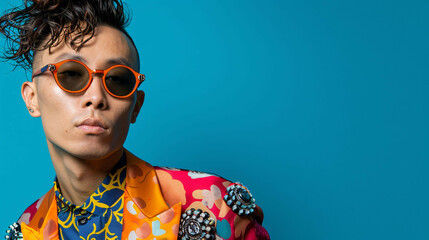 Asian American man with stylish accessories in vibrant studio portrait