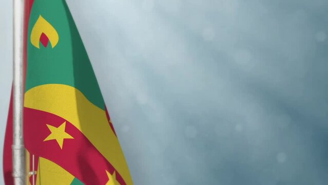 Waving Grenada flag on light blue bokeh bg