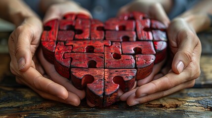 An image of hands connecting pieces of a heart, symbolizing collaborative effort in creating unity. photo