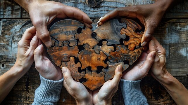 An image of hands connecting pieces of a heart, symbolizing collaborative effort in creating unity. stock image