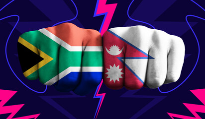 South Africa VS Nepal T20 Cricket World Cup 2024 concept match template banner vector illustration design. Flags painted on hand with colorful background