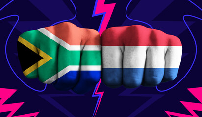 South Africa VS  Netherlands T20 Cricket World Cup 2024 concept match template banner vector illustration design. Flags painted on hand with colorful background