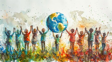A drawing of diverse people lifting a globe together, representing global unity and progress. image