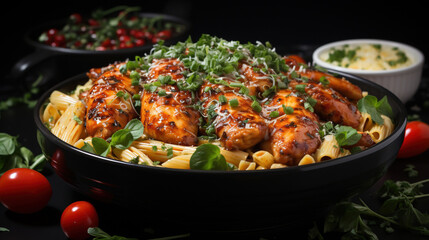 Delicious Chicken and Pasta Dish Placed on Wooden Table Background