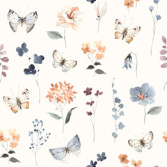 Seamless pattern with abstract watercolor butterflies and wildflowers, hand drawn illustration of delicate design elements on ivory background for textile, wallpapers or garden background.