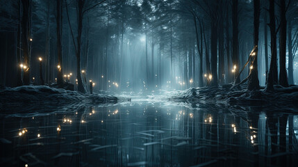 Minimalistic Wallpaper Of A Flowing River in Mid Foggy Forest and Snow Covered Trees Landscape Background