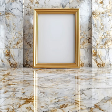 Modern exhibition room with a 3D empty frame on an opulent Calacatta Oro marble floor.