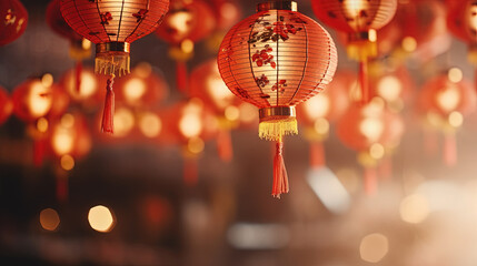 Obraz premium Beautiful Chinese New Year Red Lanterns Hanging Down in the style of Bokeh Panorama Traditional Modern Fusion Landscape On Blurry Background