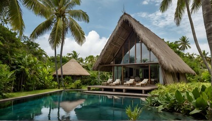 Peaceful thatched house surrounded by greenery and wildlife on tropical island