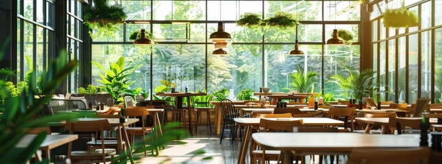 cozy and inviting restaurant interior with wooden tables, chairs, and leather sofas arranged in an...