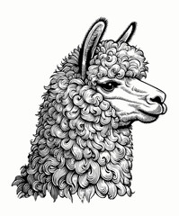 Monochrome engraved vintage drawing of Alpaca head vector illustration isolated on white background