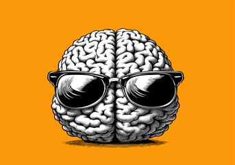 Monochrome engraved retro drawing of a brain cartoon character with sunglasses vector illustration isolated on orange background