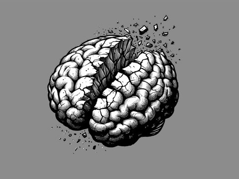 Monochrome engraved vintage drawing of brain cracking and broken vector illustration isolated on gray background