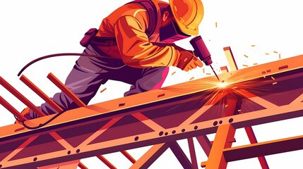 Construction Worker Welding on Steel Beam vector illustration design