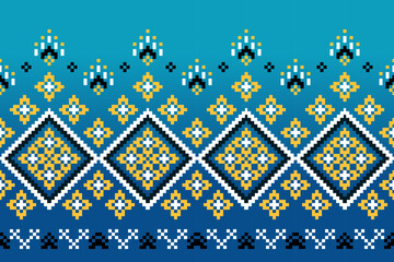 Traditional ethnic motifs ikat geometric fabric pattern cross stitch.Ikat embroidery Ethnic oriental Pixel brown background. Abstract,vector,illustration. Texture,scarf,decoration,wallpaper.