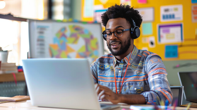 Teacher working from home, virtual classroom