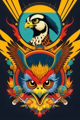 cartoon illustration of falcon head angry, fierce,  t-shirt vector art, a vibrant colors, mascot, bird, Aggressive, Bold, Dynamic, Feathers, Wings, Beak, Talons, Intense, Striking, Graphic, Design