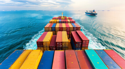 A close up of the top view of a container ship starting its journey from the port symbolizing the...