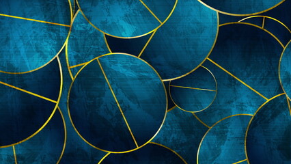 Dark blue and golden circles abstract grunge geometric background