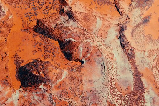 Abstract Aerial View of Desert Terrain With Red Rocks and Dirt Textures Patterns Kimberley Broome Pilbara Region Western Australia 