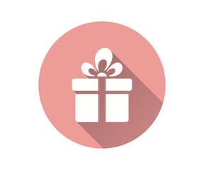 Gift box icon, vector flat design with long shadow. Features a present with a decorative bow, encapsulated in a pink circle.