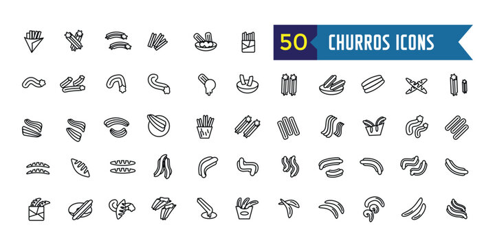 Churros icons set outline vector. Mexican chocolate. Churro food. Outline icon collection. Editable stroke.