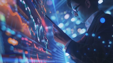 Obraz premium Businessman Analyzing Real-Time Data on a Tablet in High-Pressure Situation, Showcasing AI Technology's Speed and Accuracy in Dynamic Environments Like Stock Market or Sports Events with Intense Focus
