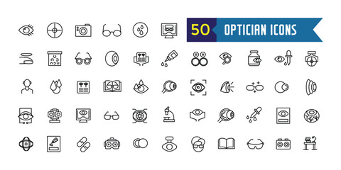 Optician icons set. Outline set of optician vector icons for ui design. Outline icon collection. Editable stroke.