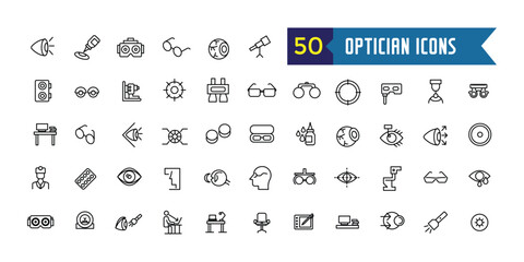 Optician icons set. Outline set of optician vector icons for ui design. Outline icon collection. Editable stroke.