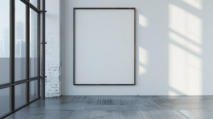 Modern mockup of a blank frame in an empty room with a white wall and a steel floor. High-quality 3D render in ultra HD.