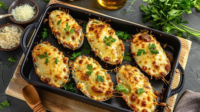 Baked ostiones with cheese, top view. Generative Ai