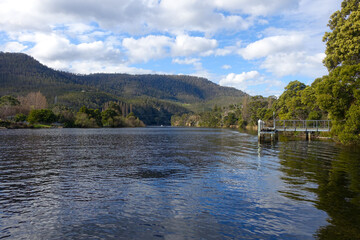 Beautiful scenery of Derwent River and mountains near New Norfolk in Tasmania, Australia