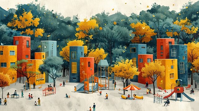 An illustration of a community building a playground together, symbolizing creating shared spaces through cooperation. stock photo