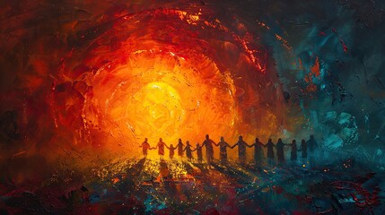 A painting of a sunrise with people holding hands, representing a new dawn through collective effort. photo