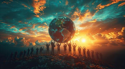 A conceptual depiction of people lifting a globe together, symbolizing global cooperation. stock image