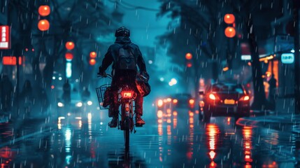 a courier from a delivery service, quickly riding a bicycle along a city street in the evening or...